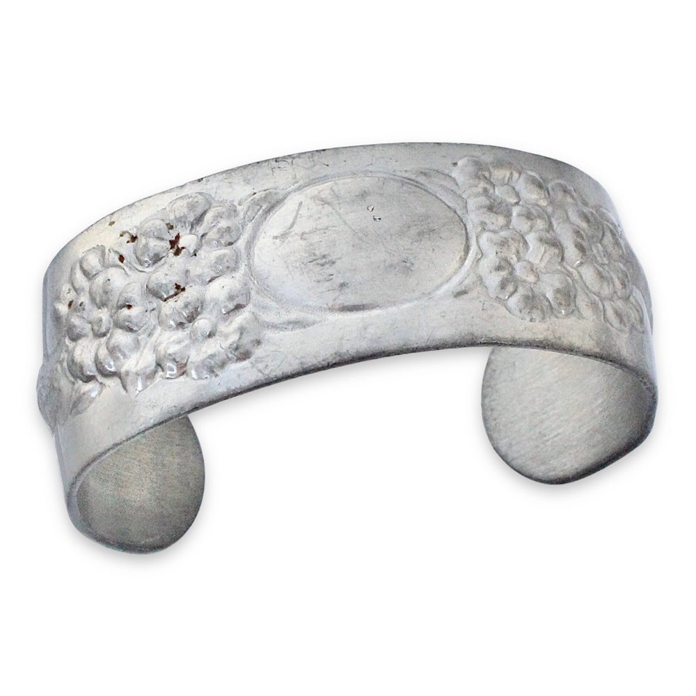 Vintage Pewter Cuff Bracelet Blank Engravable Cartouche Floral Repoussé Style